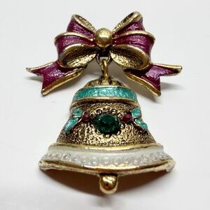 Vintage Enamel Rhinestone Bow Bell Brooch USA